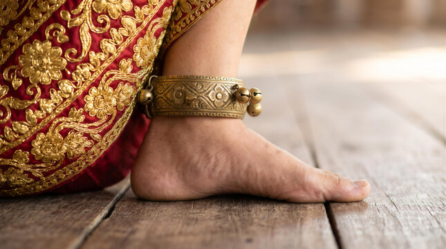 Close up of bare foot wearing traditional ornate metal anklet with bells and embroidered costume