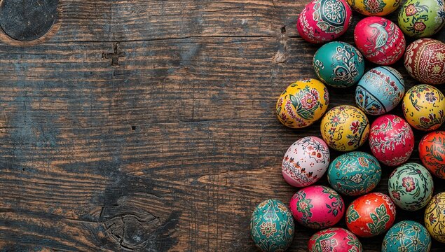 Colorful Easter Eggs on Rustic Wooden Surface in Closeup View