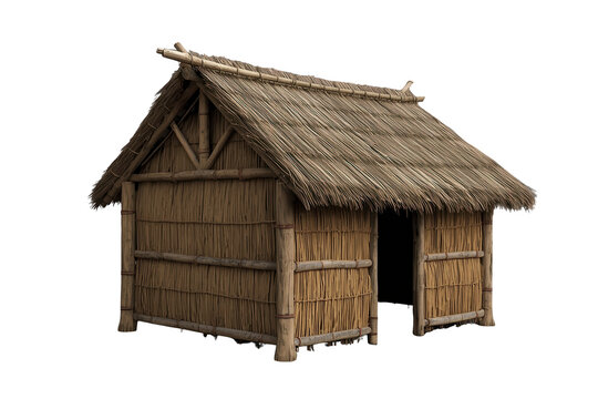 Traditional straw hut with thatched roof and bamboo structure, primitive shelter concept, ancient village dwelling isolated