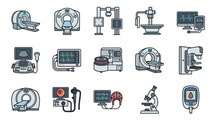 Industrial Style of Medical Diagnostic Equipment Set in Monochrome and Gray Tones with high quality professional line art symbols for modern creative design and digital branding projects © Jibril