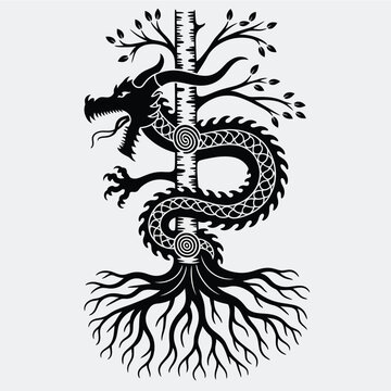Mythological Norse dragon wrapped around tree of life vector illustration with celtic knots, roots, branches, and viking emblem design.