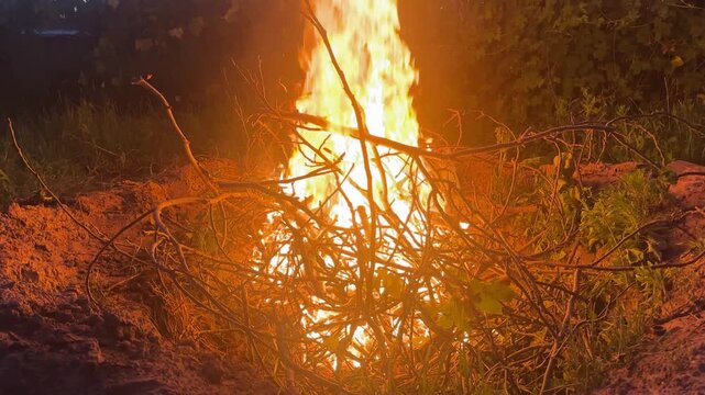 approaching a large, bright bonfire. High quality 4k footage