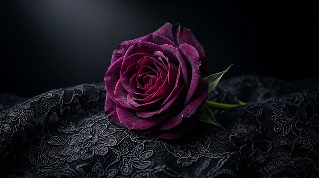 黒レースに佇む深紫のバラ、ゴシック調の高級フローラル静物写真
Deep purple rose resting on elegant black lace with a luxurious gothic aesthetic