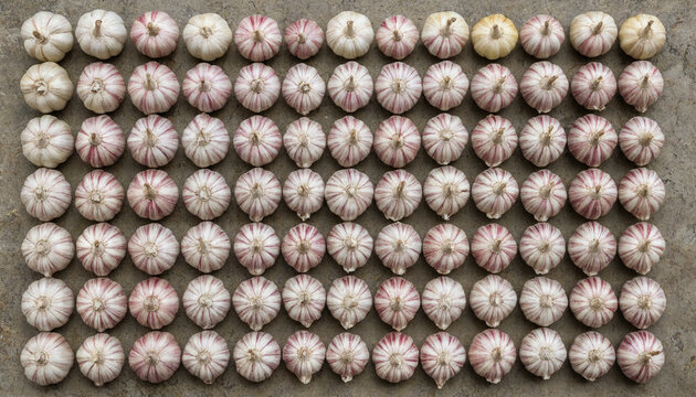 A large grid of many whole white garlic bulbs with purple streaks arranged in neat rows and columns on a flat gray surface, top-down view