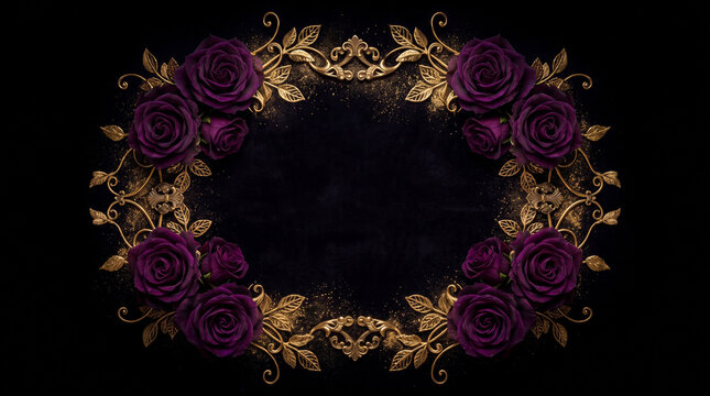 深紫のバラとゴールド装飾が彩る高級ゴシックフラワーフレーム黒背景
Luxurious deep purple rose frame with elegant gold accents on a black background