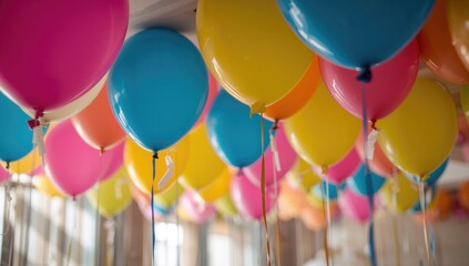Fototapeta premium Colorful Balloons Hanging From Ceiling in a Bright Celebration Atmosphere