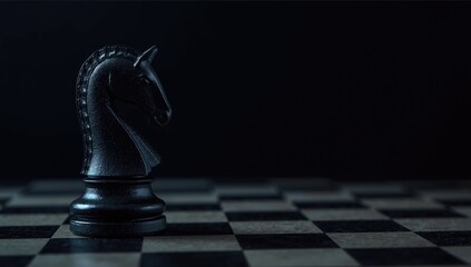 Black Chess Knight Piece on a Checkerboard in Dim Light © vxnaghiyev
