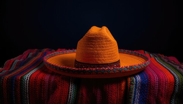 Stylish sombrero in bright colors placed on vivid serape at night