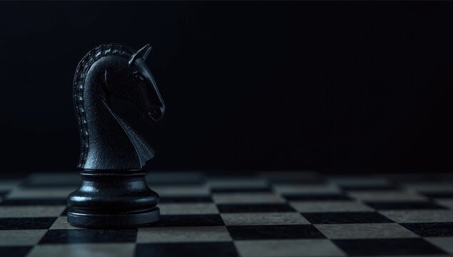 Black Chess Knight Piece on a Checkerboard in Dim Light