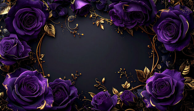 深紫のバラとゴールド装飾が彩る高級ゴシックフラワーフレーム黒背景
Luxurious deep purple rose frame with elegant gold accents on a black background