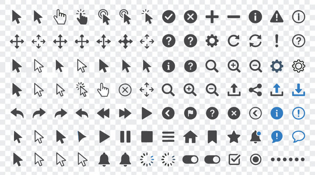 Comprehensive mouse cursor and web interface icon library presenting multiple pointer styles arrow shapes hand gestures and essential ui navigation elements set.