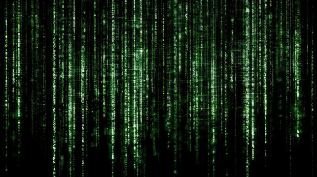 Digital rain of green binary code falling on a dark background