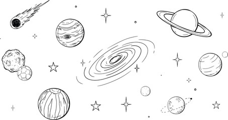 Hand Drawn Solar System and Galaxy Vector Element Set Featuring Saturn, Jupiter, Comet, Asteroid, Sparking Stars, and Outer Space Astronomy Illustrations © Miss