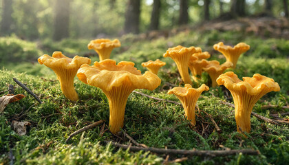 A group of fresh yellow chanterelle mushrooms growing on green moss in a forest setting with soft natural light and blurred woodland background © Bolod