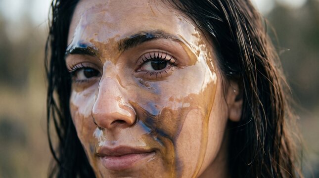 Macro photo of woman's face covered oil 2k showing woman's features showing delicate skin pores natural beauty details and high-resolution skin texture with professional studio lighting