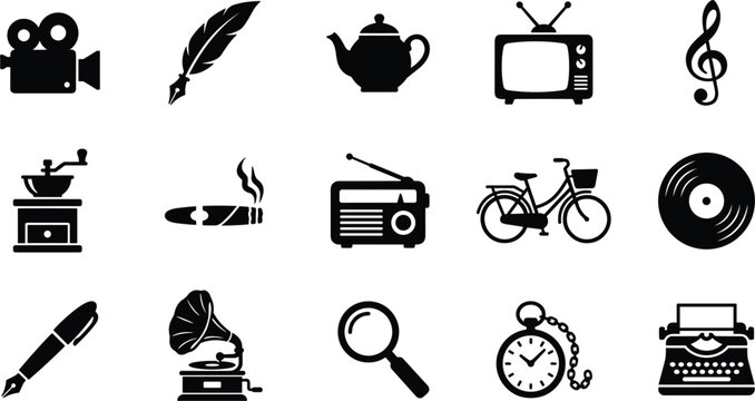 Vintage and retro lifestyle element icon set featuring typewriter vinyl record gramophone pocket watch camera radio bicycle and nostalgic objects