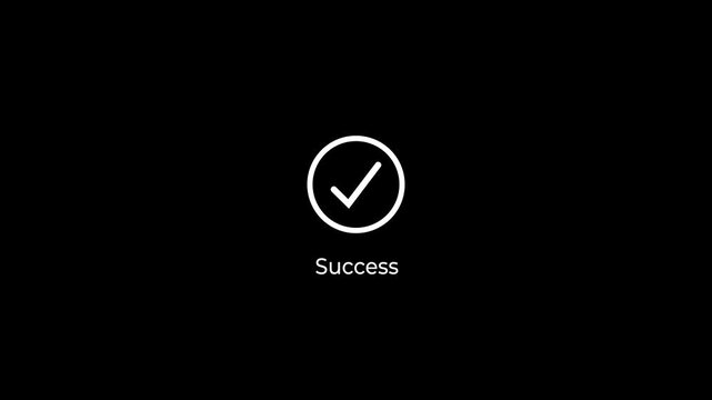 Success text with minimalist loading and checkmark animation. Processes and secure online concept on black background.