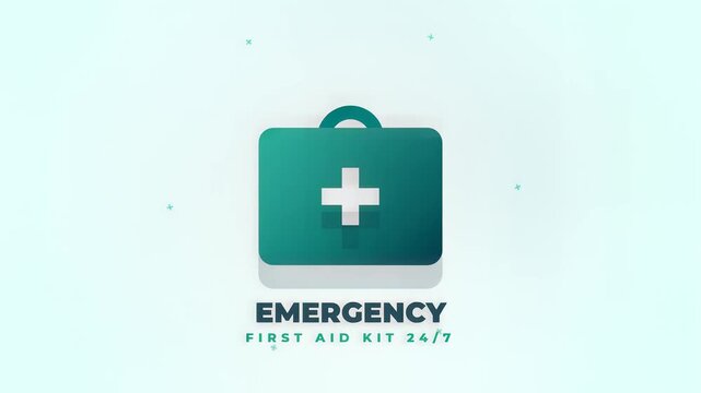 Emergency first aid kit with glowing green cross symbol on a teal background, floating particles, symbolizing medical readiness and safety for healthcare and emergency services