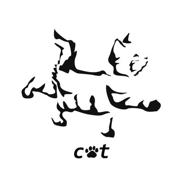 Vector drawing of a cat. Black and white gestalt design of a funny pet. Little kitty. Cute animal illustration. Postcard for International Cat Day. Drawing of an animal in the Gestalt style.