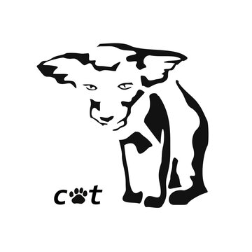 Vector drawing of a cat. Black and white gestalt design of a funny pet. Little kitty. Cute animal illustration. Postcard for International Cat Day. Drawing of an animal in the Gestalt style.