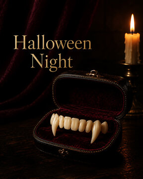 Halloween vampire fangs on old book with lit candle