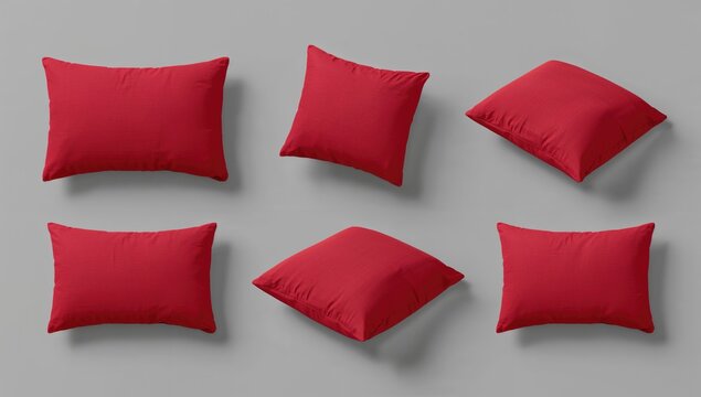 Red Decorative Pillows in Various Positions on a Gray Background