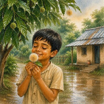 Happy South Asian Village Boy Smelling a Kadam Flower After Monsoon Rain | Children's Illustration