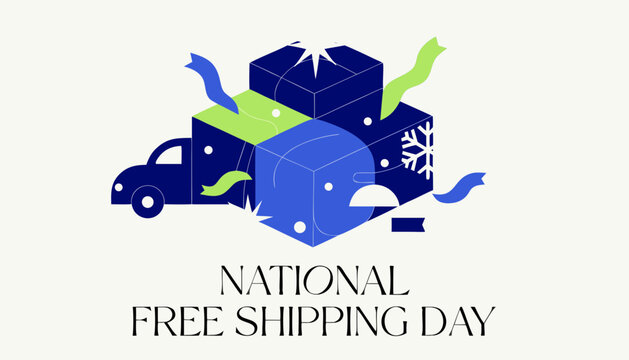 National Free Shipping Day vector banner, delivery truck with gift boxes and snowflake, e-commerce holiday logistics illustration in blue and green