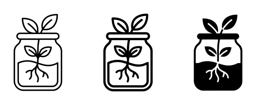 Plant Sprout in Jar Icons, Hydroponic Growth, Seedling Propagation, Botanical Illustration