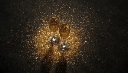 Champagne Glasses Sparkling Together on a Glittery Surface in Dim Light © vxnaghiyev