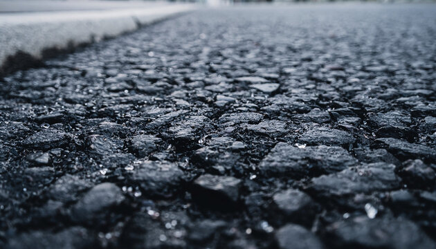 Close-up, low-angle perspective of a textured asphalt road surface with small stones and a concrete curb on the side.