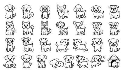 Cute Cartoon Puppy Line Art Vector Collection Adorable Dog Outline Set © MSTROJINA