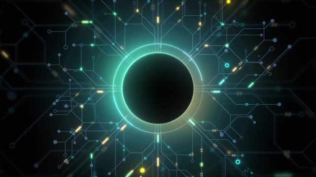 Abstract technology 2D circle CPU GPU circuit cyber futuristic concept. Center copy space for logo and text with moving electrons. Futuristic HUD technology Screen Data animation.