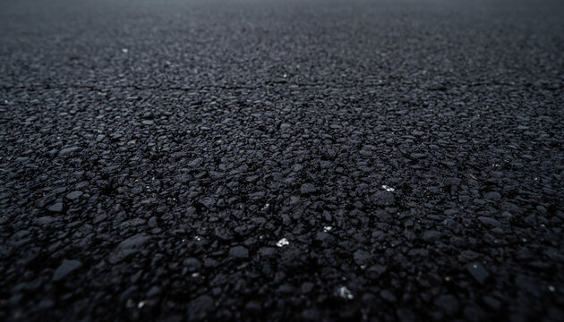 Close-up, low-angle view of a dark, textured asphalt road surface, showing granular details and a subtle sheen.