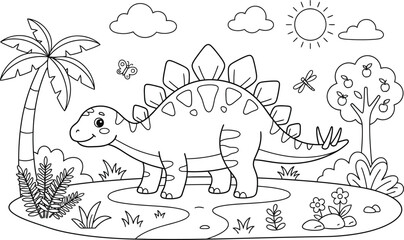 A friendly Stegosaurus dinosaur walking through a prehistoric landscape with a palm tree, fruit tree, flowers, butterfly, and a bright sunny sky © SyedmdAli