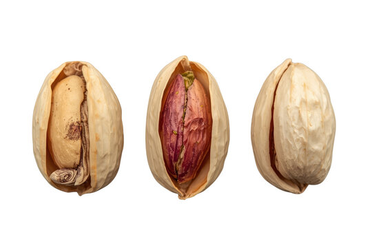 Pistachio nuts displaying kernels inside shells, roasted and salted, healthy snack food on transparent background