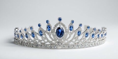 Elegant Silver Tiara with Blue Gemstones on Light Background © vxnaghiyev