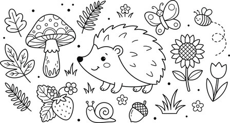 A charming black and white coloring page for children featuring a cute hedgehog surrounded by woodland elements like mushrooms, leaves, flowers, and insects © SyedmdAli