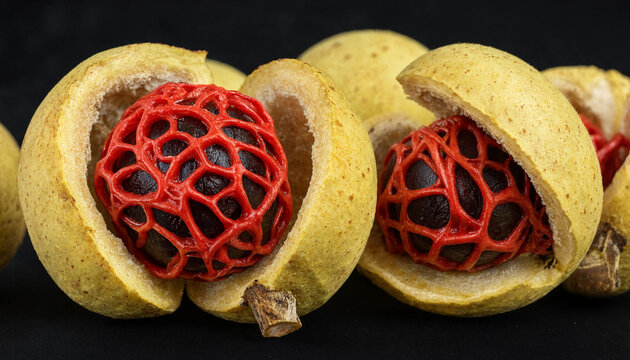 Close up of open nutmeg fruits with vibrant red mace aril surrounding dark brown seeds inside yellow husks against a solid black background