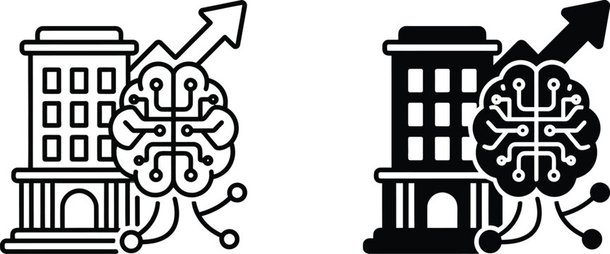 Modern illustration of buildings with brain circuits and upward growth arrows representing smart city technology and innovation