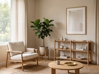 Japandi living room with beige walls and oak furniture. Minimalist interior design style. © Satya