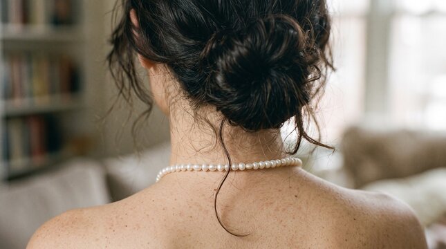 Macro photo of woman's neck shoulders messy bun showing woman's features showing delicate skin pores natural beauty details and high-resolution skin texture with professional studio lighting