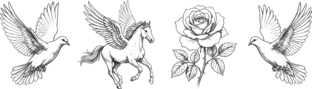 Vintage sketch style vector elements featuring flying doves pegasus horse and rose flower isolated on white