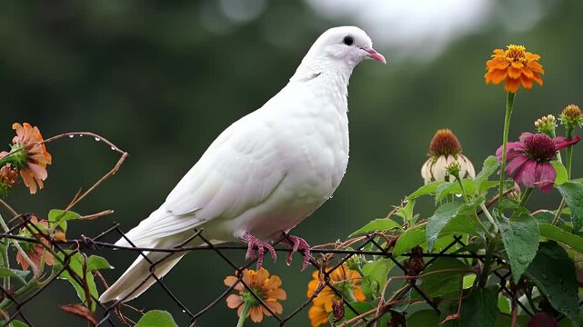 White dove perched on wire fence with colorful flowers.