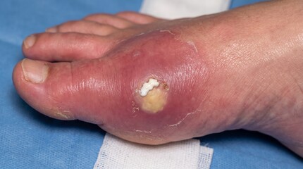 Fototapeta premium Infected wound on human foot. Inflamed skin lesion with pus and redness on toe.