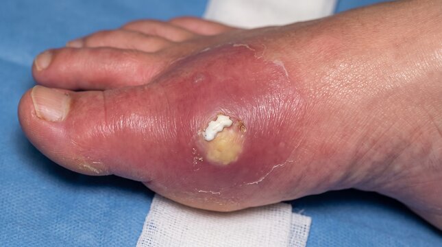 Infected wound on human foot. Inflamed skin lesion with pus and redness on toe.