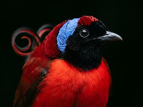 Vibrant Wilson's bird-of-paradise with striking red and blue feathers
