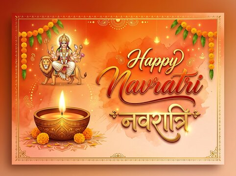 Beautiful navratri festival celebration with goddess durga and diya lamp illustration card