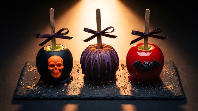 Halloween candy apples on a slate board. Spooky decorated treats for autumn holiday party.