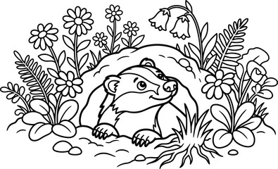 Fototapeta premium Badger coloring page peeking out from forest burrow surrounded by wild flowers and ferns in outdoor woodland scene for children education worksheet.